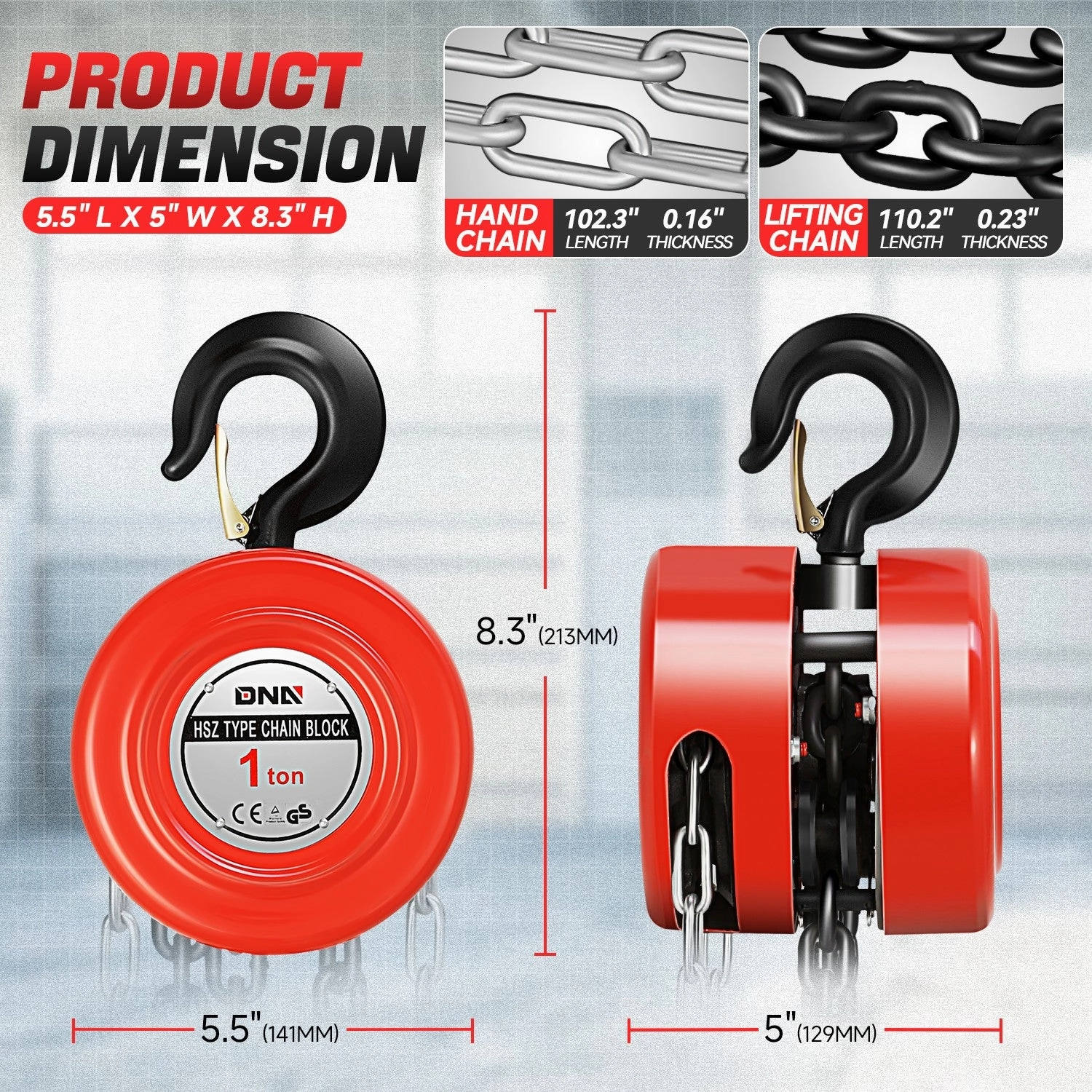 1 Ton Hand Chain Hoists w/Load Chain <br> Dimension ( in.): 5.5 L X 5 W X 8.3 H
