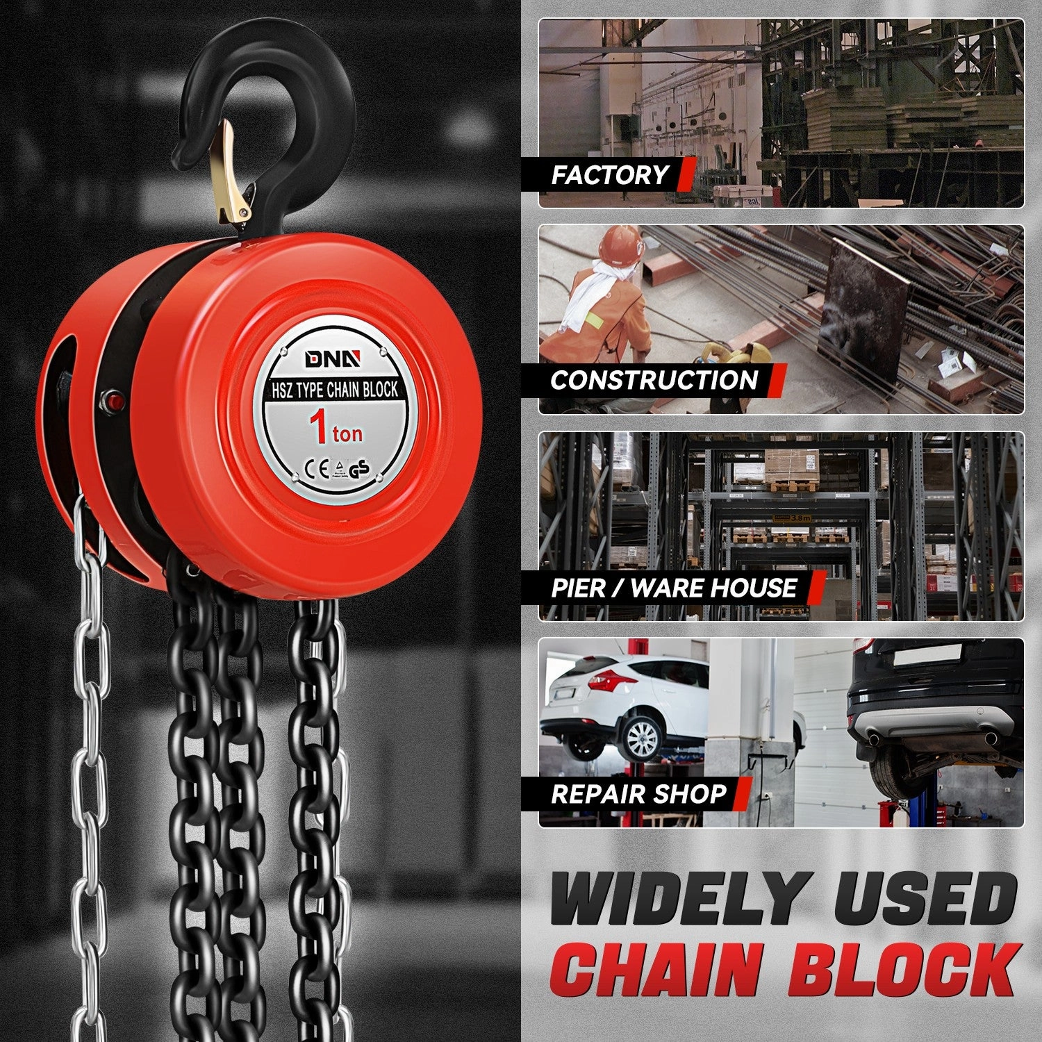 1 Ton Hand Chain Hoists w/Load Chain <br> Dimension ( in.): 5.5 L X 5 W X 8.3 H