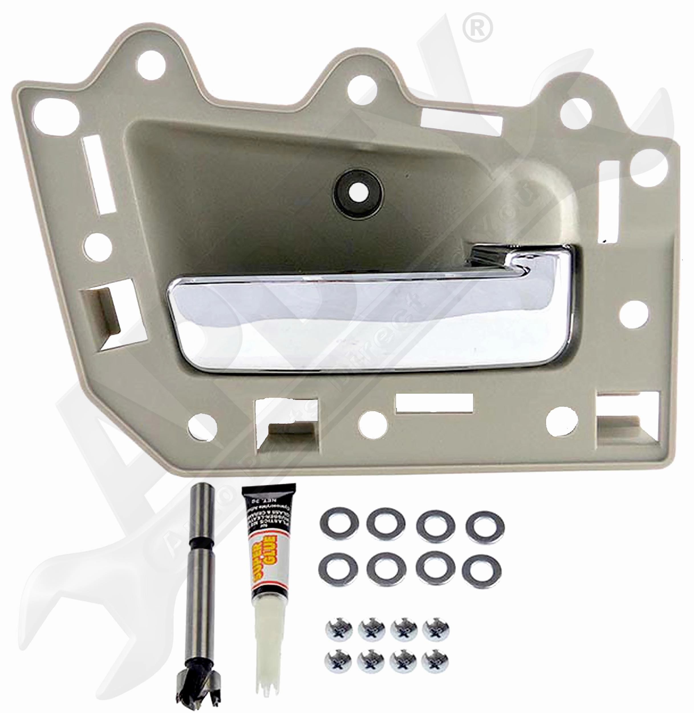 APDTY 153652 Interior Door Handle Kit; Chrome Lever Beige Housing; Front Right