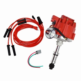 HEI Distributor, 8.0mm Spark Plug Wires, and Battery-Pigtail Harness Kit For 1970-1974 Range Rover 215 Buick Small Block 215 340 350 Red Cap