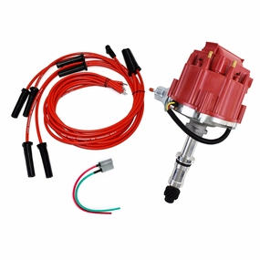 HEI Distributor, 8.0mm Spark Plug Wires, and Battery-Pigtail Harness Kit For Buick Odd Fire 231 3.8L V6 225 Jeep 3.7L Dauntless Red Cap