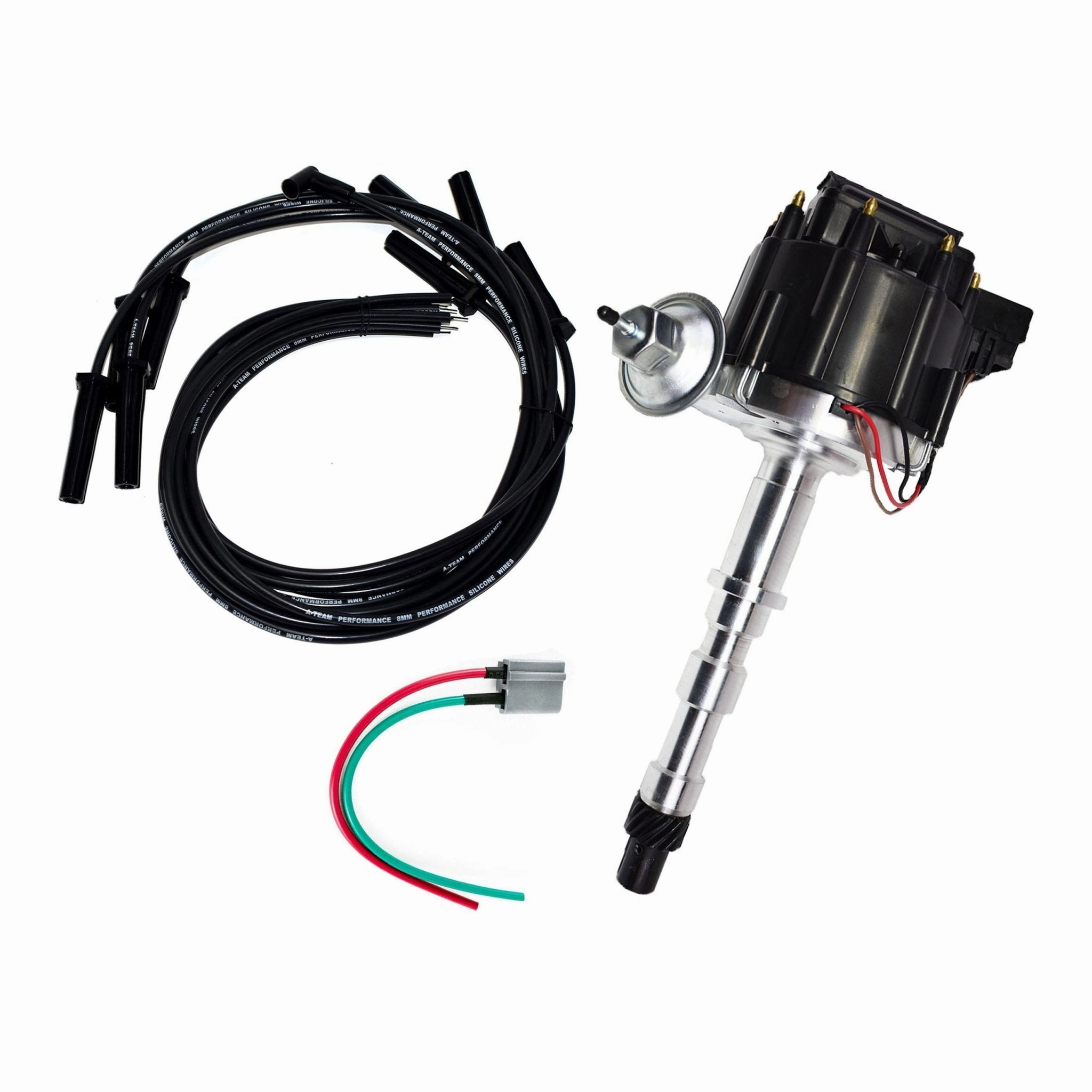 HEI Distributor, 8.0mm Spark Plug Wires, and Battery-Pigtail Harness Kit For Cadillac 368 425 472 500 V8 Black Cap
