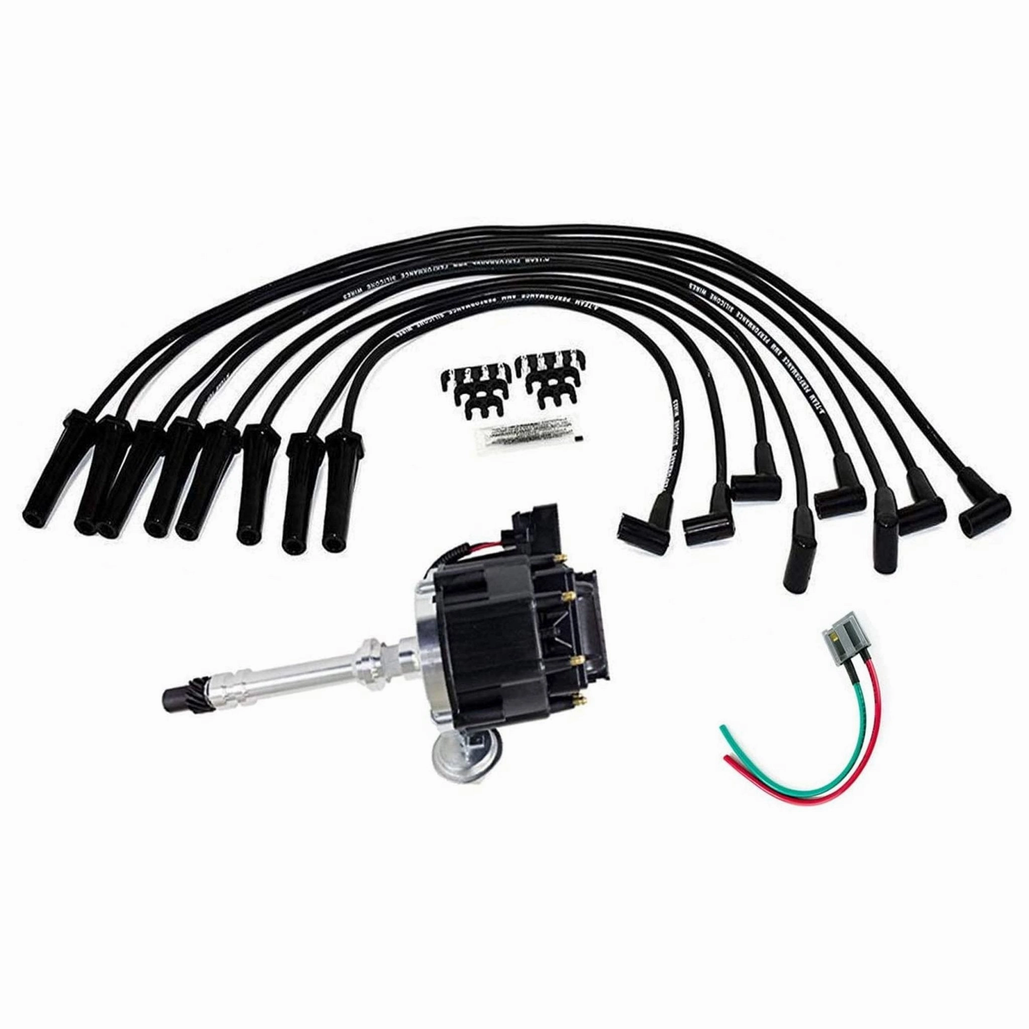 HEI Distributor w-Spark Plug Wires & HEI Pigtail Harness Complete Kit, Black Cap