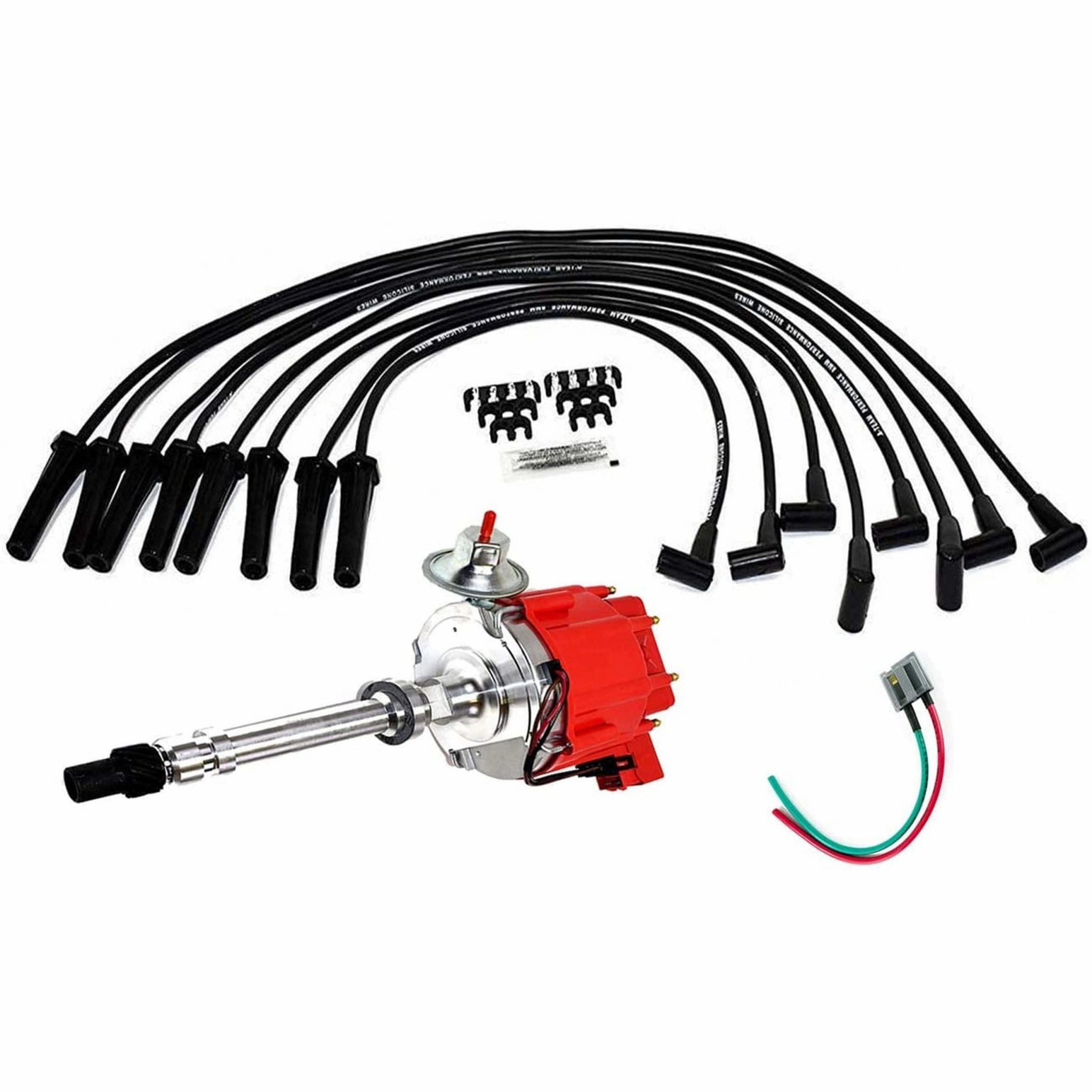 HEI Distributor with Spark Plug Wires & HEI Pigtail Harness Complete Kit Compatible with Chevrolet Chevy GM GMC Big Block Chevy BBC 396 427 Red Cap