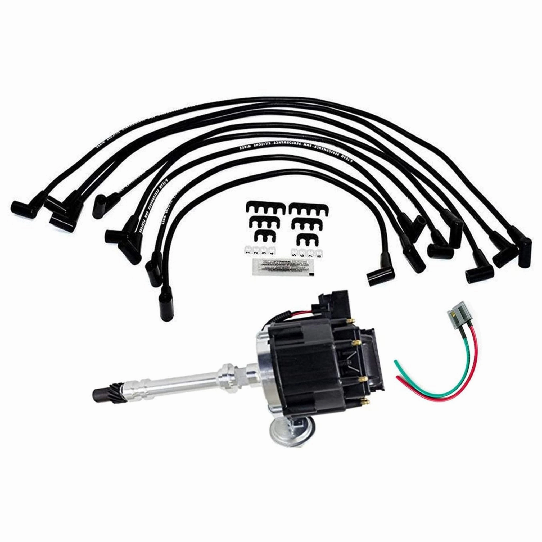 HEI Distributor with Under the Exhaust Spark Plug Wires & HEI Pigtail Harness Complete Kit Compatible with Chevrolet Chevy GM GMC SBC 265 267 283 350 383 400 Black Cap