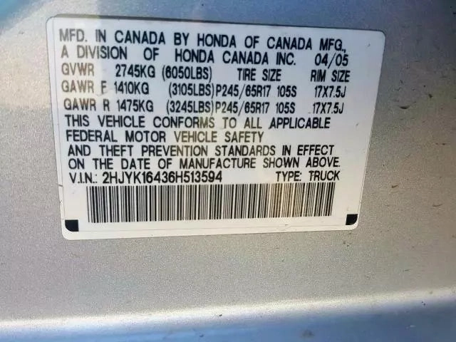 HONDA RIDGELINE TRUNK LID TAIL GATE TAILGATE LIFTGATE W/O CAMERA- SILVER