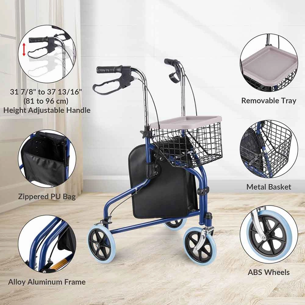 TheLAShop 3-Wheel Folding Walker Rollator w/ Brakes Basket & Pouch